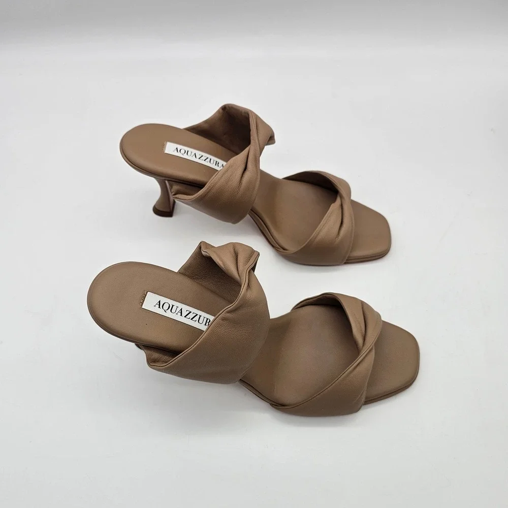 Aquazzura Twist Sandal 75 Women Size 40 US 10 New Nude Leather Kitten Heel Mules